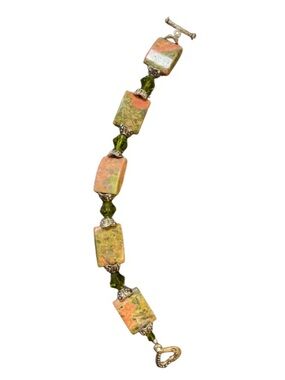 Artisan Unakite & Green Crystal Beaded Boho Toggle Bracelet 7.5"